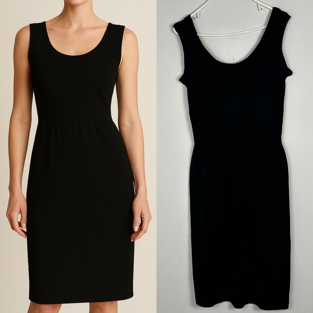 Vintage St. John Black Santana Knit Midi Dress Womens Size 8 USA Made‎ Pleated